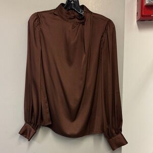 Brown Women's Long-Sleeve Tie-Neck Blouse